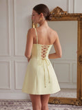 Pale Yellow Homecoming Mini Dress Lace-Up Back Spaghetti Strap Party Short Gown