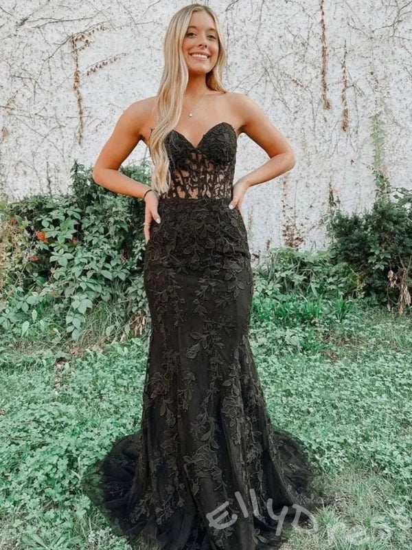 Sky Blue Strapless Sweetheart Sheer Boned Corset Bodice Full Floral Lace Embroidered Mermaid Prom Dress with Lace-Up Back and Sweep Train