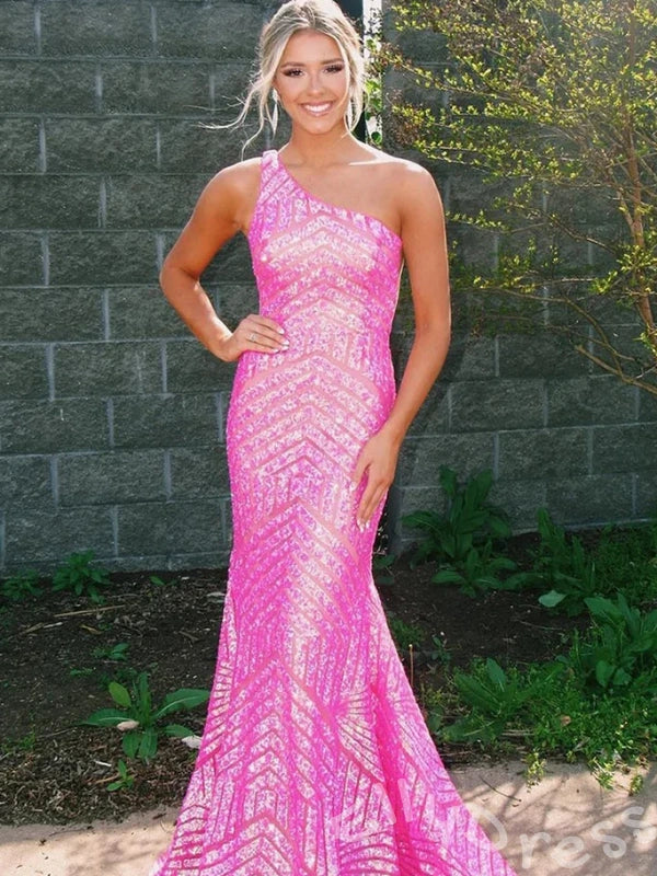 Hot Pink One Shoulder Full Geometric Chevron Sequin Embroidered Mermaid Prom Dress with Sheer Mesh Base Open Back and Sweep Train