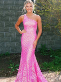 Hot Pink One Shoulder Full Geometric Chevron Sequin Embroidered Mermaid Prom Dress with Sheer Mesh Base Open Back and Sweep Train