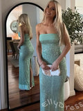 Champagne Gold Strapless Straight Neck Full Sequin Mermaid Prom Dress with Satin Trim Bust Fitted Waist Back Slit and Open Back