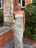 Champagne Gold Strapless Straight Neck Full Sequin Mermaid Prom Dress with Satin Trim Bust Fitted Waist Back Slit and Open Back