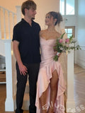 Burgundy Spaghetti Strap V-Neck Satin Sheath Prom Dress with Ruched Waist Asymmetric Ruffle High Slit and Lace-Up Back