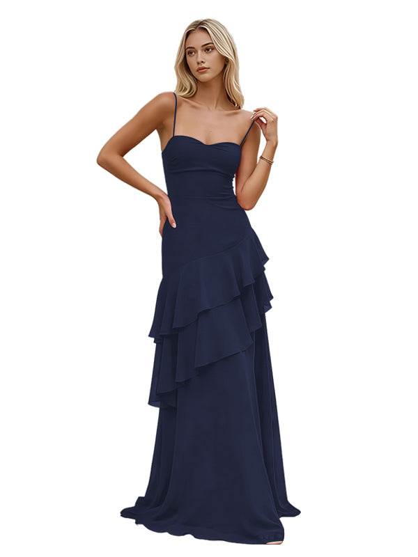 Red Spaghetti Strap Open Back Layered Ruffle Prom Dress