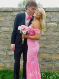 Barbie Pink Off-Shoulder Drape Sleeve Sweetheart Ruched Chiffon Mermaid Prom Dress with Twist Bust Pleated Trumpet Hem and Open Back