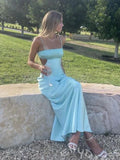 Mint Blue Spaghetti Strap Square Neck Satin Mermaid Prom Dress with Double Side Cutout Waist Cowl Open Back