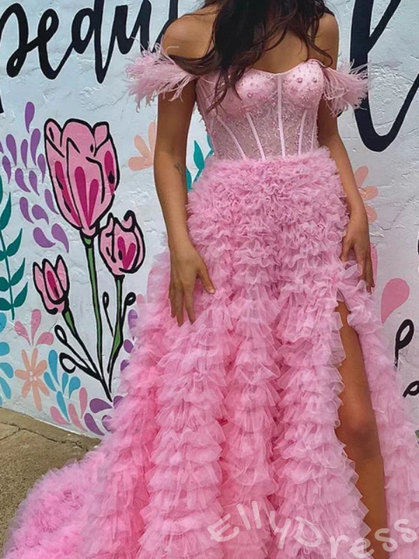 Pink Off-Shoulder Feather Sleeve Sweetheart Sheer Corset Tulle A-Line Prom Dress with Tiered Ruffles High Slit and Lace-Up Back