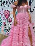 Pink Off-Shoulder Feather Sleeve Sweetheart Sheer Corset Tulle A-Line Prom Dress with Tiered Ruffles High Slit and Lace-Up Back