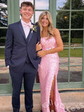 Barbie Pink Strapless Straight Neck Full Oversized Disc Sequin Mermaid Prom Dress with Iridescent Shimmer Lace-Up Corset Back Open Back and Sweep Train