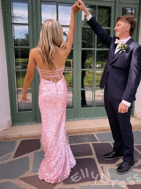 Barbie Pink Strapless Straight Neck Full Oversized Disc Sequin Mermaid Prom Dress with Iridescent Shimmer Lace-Up Corset Back Open Back and Sweep Train