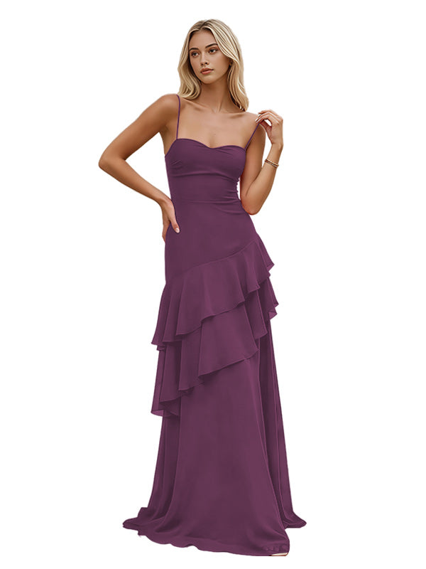 Red Spaghetti Strap Open Back Layered Ruffle Prom Dress