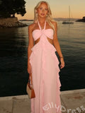 Blush Pink Halter Chiffon A-Line Prom Dress with Twist Flower Bust Cutout Waist Cascading Side Ruffles and Open Back Bow Tie