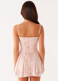 Blush Pink Spaghetti Strap Lace Corset Mini Dress Lace Up Back Homecoming Dress