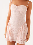 Blush Pink Spaghetti Strap Lace Corset Mini Dress Lace Up Back Homecoming Dress