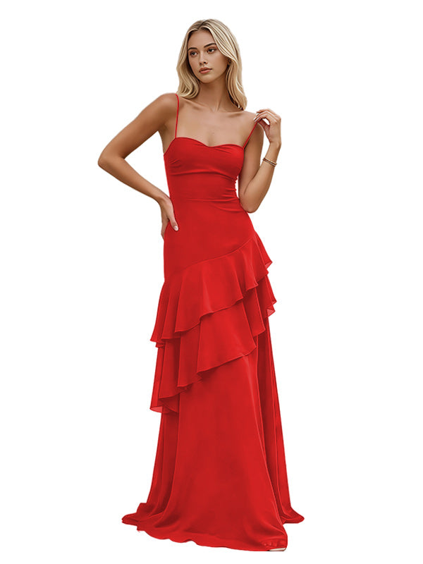 Red Spaghetti Strap Open Back Layered Ruffle Prom Dress