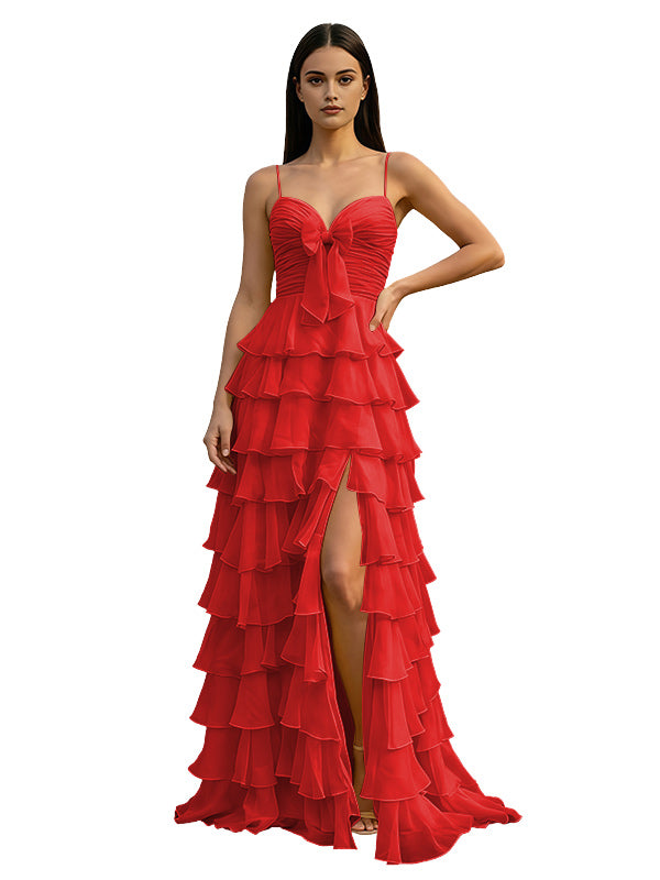 Yellow Spaghetti Strap Sweetheart A-Line Prom Dress with Layered Ruffles Bow Front Lace-Up Back and High Slit