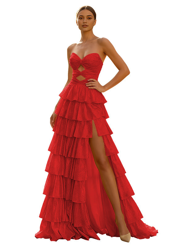 Cute Yellow A-Line Sweetheart Lace-Up Long Prom Dress With Slit