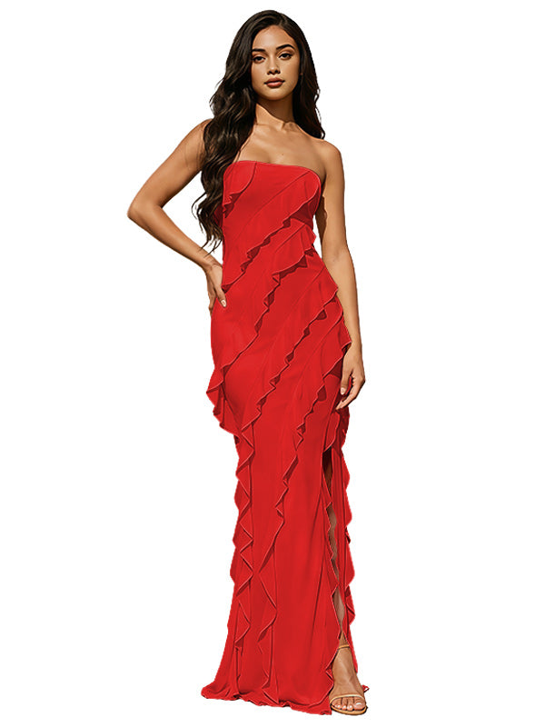 Blush Pink Strapless Mermaid Prom Dress with Diagonal Layered Ruffles High Slit Open Back