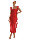 Blush Pink Ruffle Sleeve Cowl Neck Satin Prom Dress with Side Ruffles Lace-Up Back Tea Length