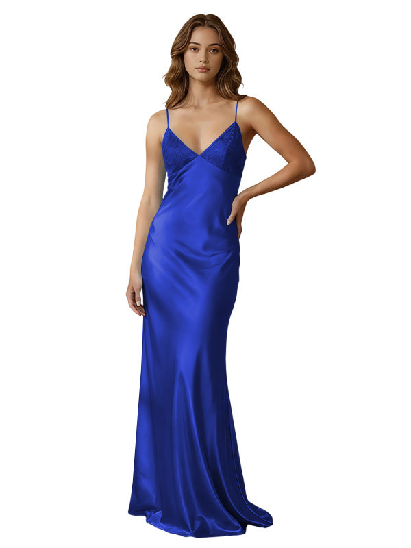 Blue Spaghetti Strap V-Neck Lace Bodice Open Back Bow Mermaid Prom Dress