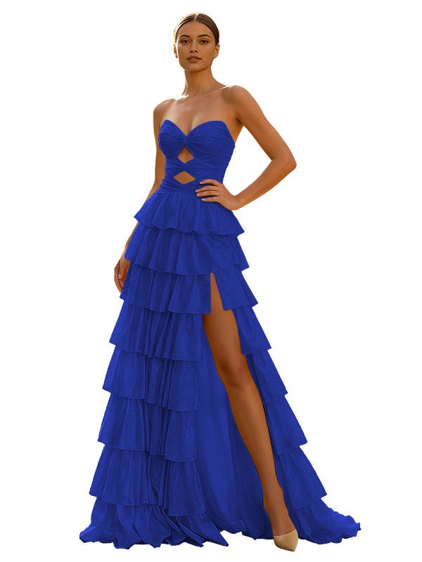 Cute Yellow A-Line Sweetheart Lace-Up Long Prom Dress With Slit