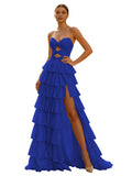 Cute Yellow A-Line Sweetheart Lace-Up Long Prom Dress With Slit