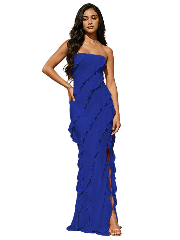 Blush Pink Strapless Mermaid Prom Dress with Diagonal Layered Ruffles High Slit Open Back