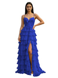 Yellow Spaghetti Strap Sweetheart A-Line Prom Dress with Layered Ruffles Bow Front Lace-Up Back and High Slit