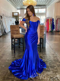 Lilac Off-Shoulder Corset Satin Mermaid Prom Dress with Pleated Bodice Ruched Waist High Slit and Lace-Up Back