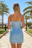 Light Blue Sequin Tie Strap Slip Homecoming Bodycon Mini Dress
