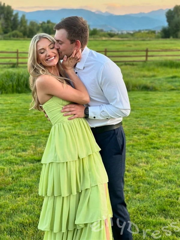 Lime Green Strapless Sweetheart Chiffon Tiered Cake A-Line Prom Dress with Ruched Twist Bust Five-Layer Pleated Ruffles and Open Back