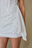 White Pink Strapless Sequin Corset Mini Dress Asymmetrical Side Drape Homecoming Dress