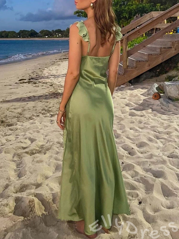 Olive Green Ruffle Wide Strap Deep V-Neck Satin Prom Dress with Ruffle Shoulders Lace Side Slit and Open Back