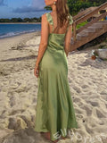 Olive Green Ruffle Wide Strap Deep V-Neck Satin Prom Dress with Ruffle Shoulders Lace Side Slit and Open Back