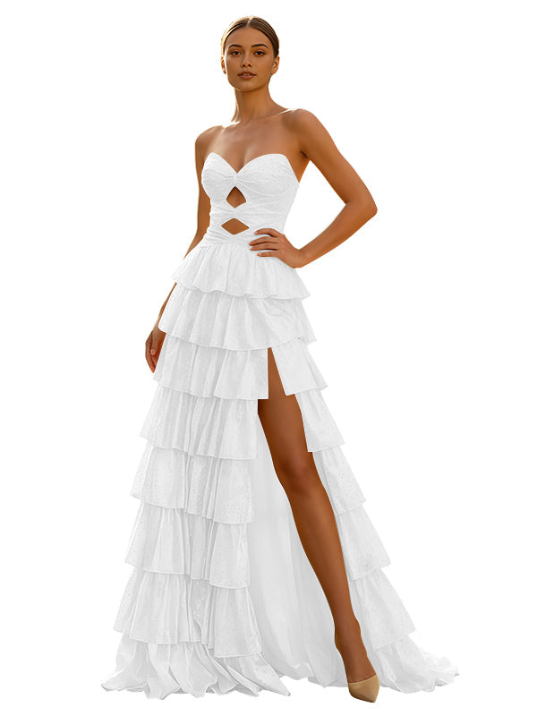 Cute Yellow A-Line Sweetheart Lace-Up Long Prom Dress With Slit
