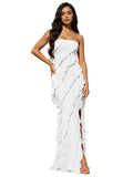 Blush Pink Strapless Mermaid Prom Dress with Diagonal Layered Ruffles High Slit Open Back