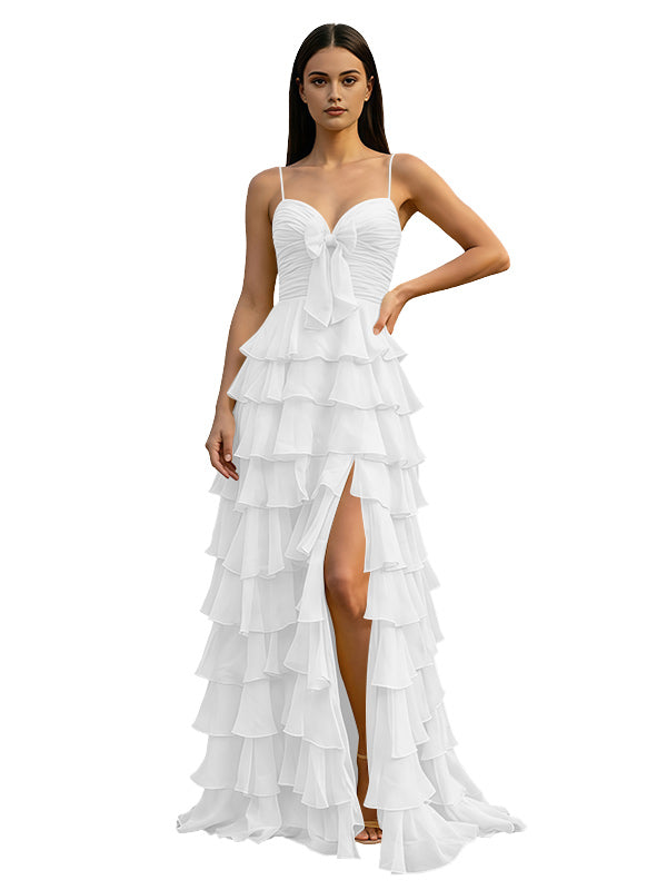 Yellow Spaghetti Strap Sweetheart A-Line Prom Dress with Layered Ruffles Bow Front Lace-Up Back and High Slit