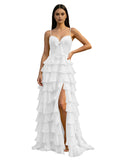 Yellow Spaghetti Strap Sweetheart A-Line Prom Dress with Layered Ruffles Bow Front Lace-Up Back and High Slit