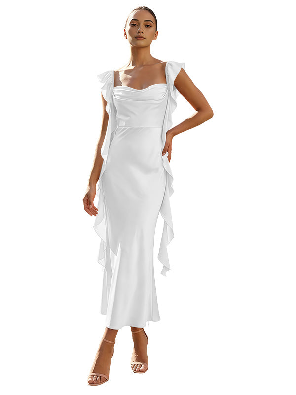Blush Pink Ruffle Sleeve Cowl Neck Satin Prom Dress with Side Ruffles Lace-Up Back Tea Length