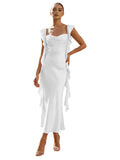 Blush Pink Ruffle Sleeve Cowl Neck Satin Prom Dress with Side Ruffles Lace-Up Back Tea Length
