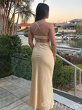 Champagne Spaghetti Strap Cowl Neck Satin Mermaid Prom Dress with Cutout Waist Open Back Criss Cross Straps and Sweep Train