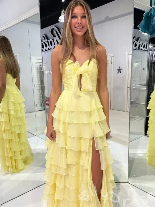 Yellow Spaghetti Strap Sweetheart A-Line Prom Dress with Layered Ruffles Bow Front Lace-Up Back and High Slit