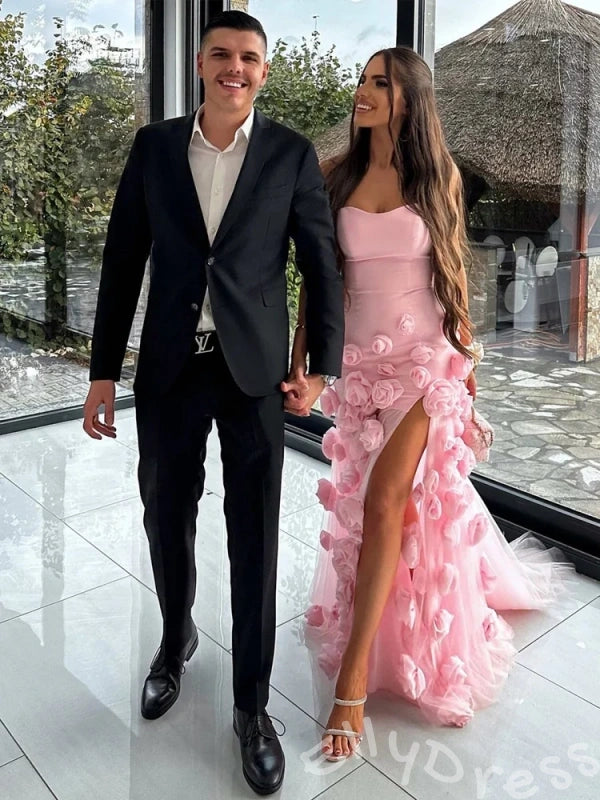 White Strapless Sweetheart Satin Corset Bodice Full 3D Rose Floral Applique Mermaid Prom Dress with Front High Slit Sheer Tulle Underskirt and Sweep Train