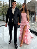 White Strapless Sweetheart Satin Corset Bodice Full 3D Rose Floral Applique Mermaid Prom Dress with Front High Slit Sheer Tulle Underskirt and Sweep Train