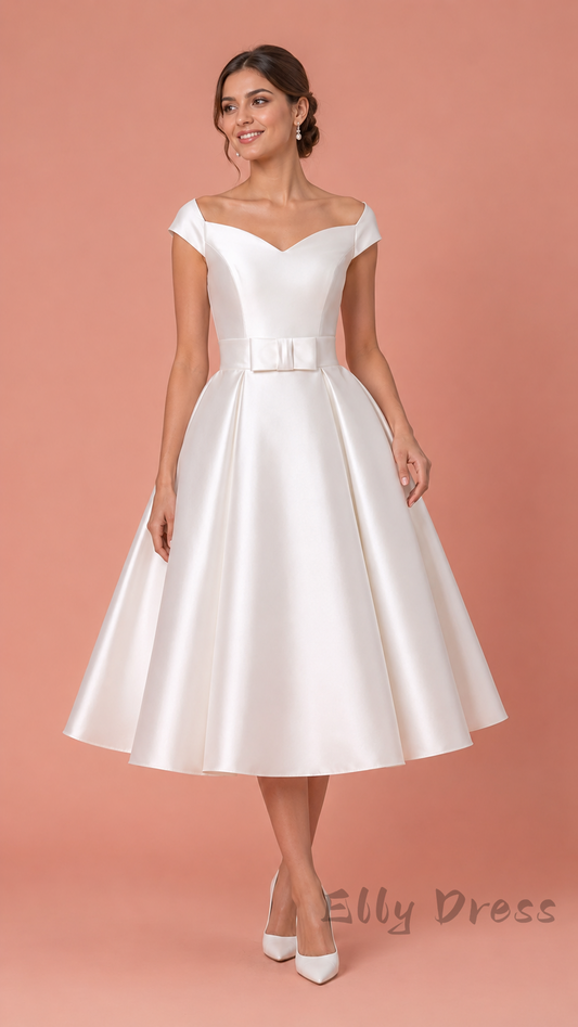 Vintage White Satin Midi Bridal Dress A-Line Wedding Gown
