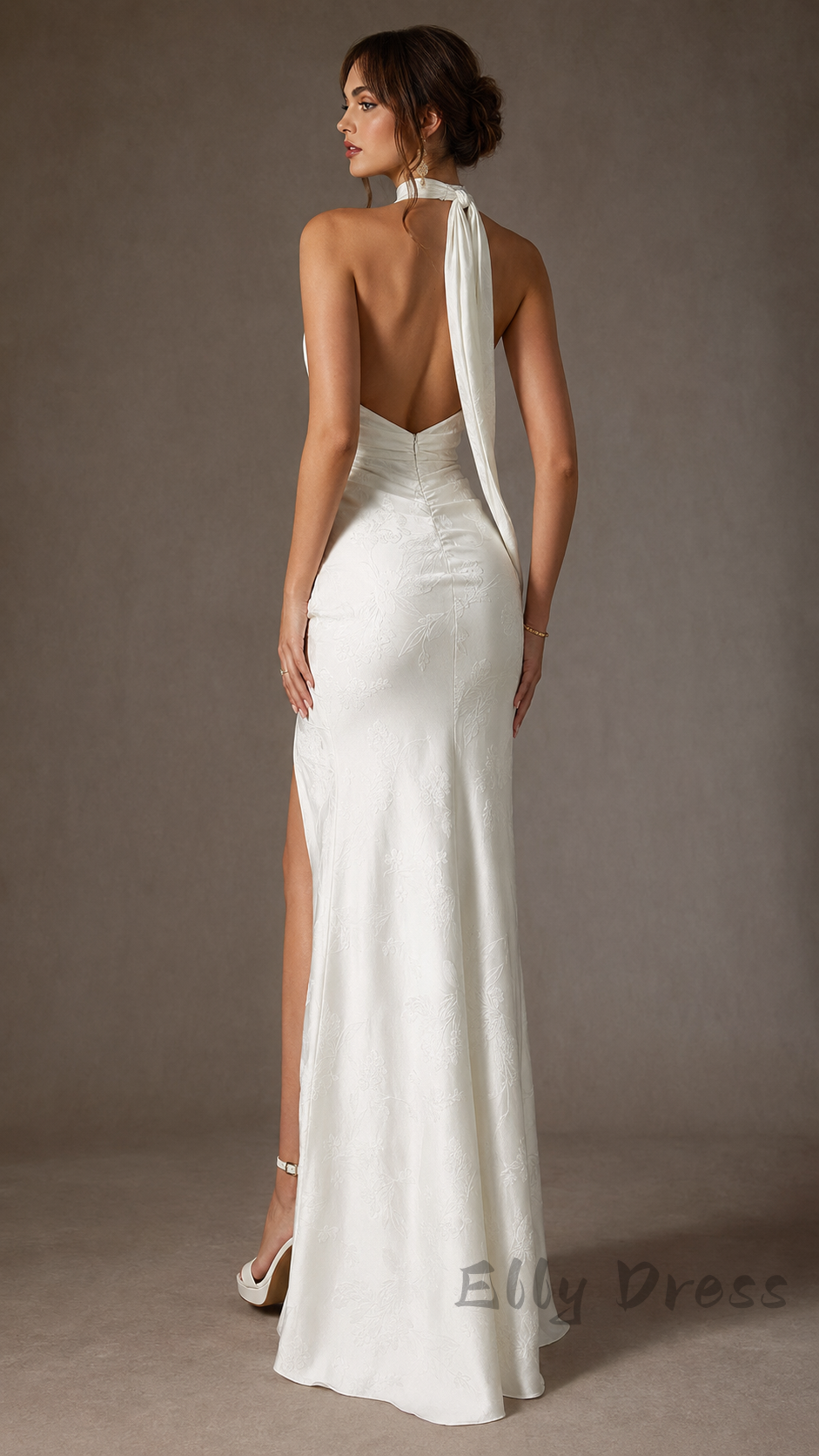 White Halter Neck Mermaid Bridal Dress Open Back Satin Wedding Gown