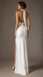 White Halter Neck Mermaid Bridal Dress Open Back Satin Wedding Gown