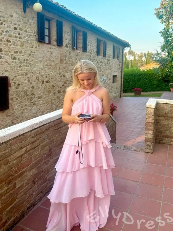 Blush Pink Halter Criss Cross Neck Chiffon Five-Tier Cake A-Line Prom Dress with Twist Neckline Open Low V Back and Pockets