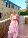 Blush Pink Halter Criss Cross Neck Chiffon Five-Tier Cake A-Line Prom Dress with Twist Neckline Open Low V Back and Pockets