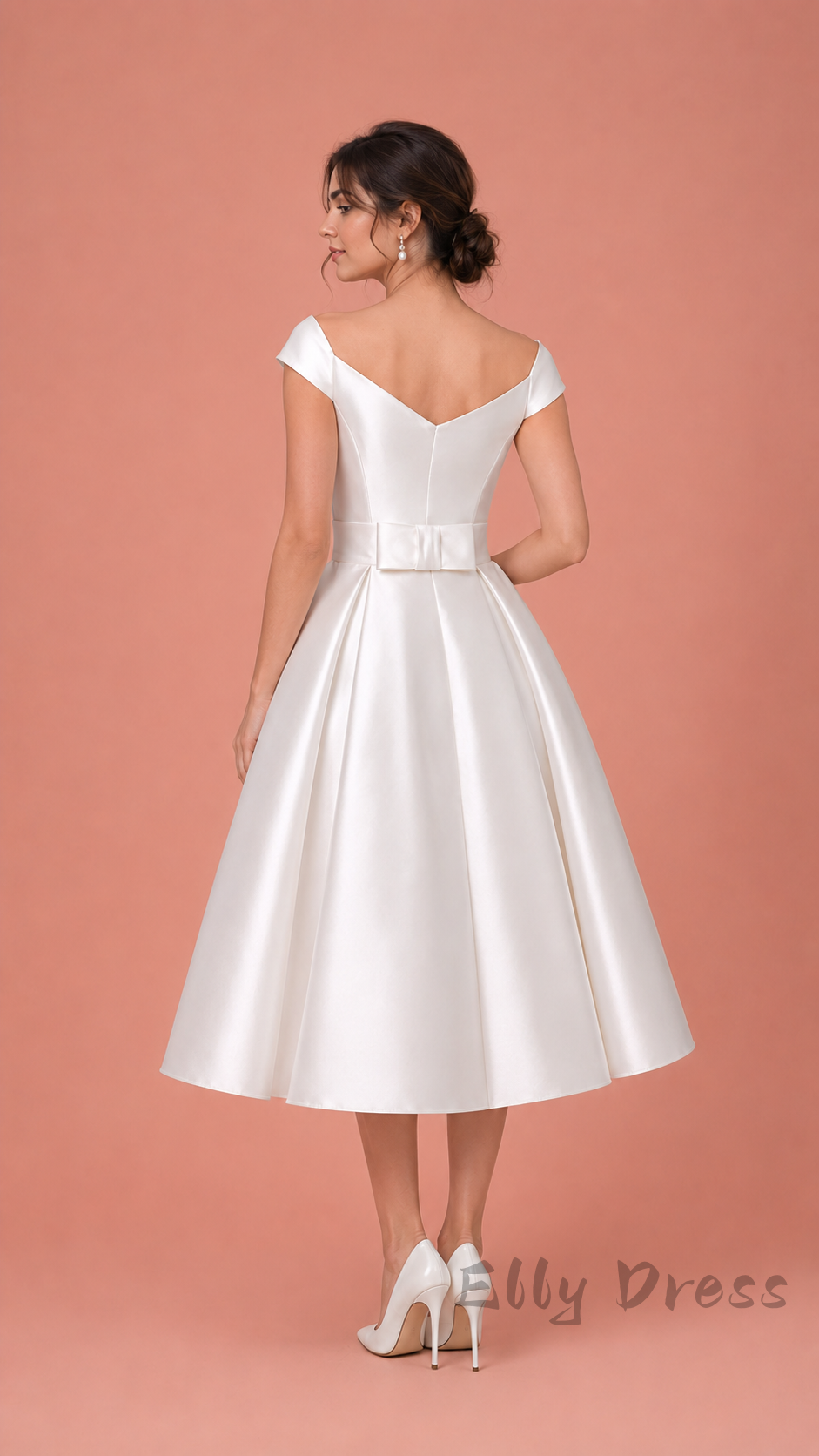 Vintage White Satin Midi Bridal Dress A-Line Wedding Gown